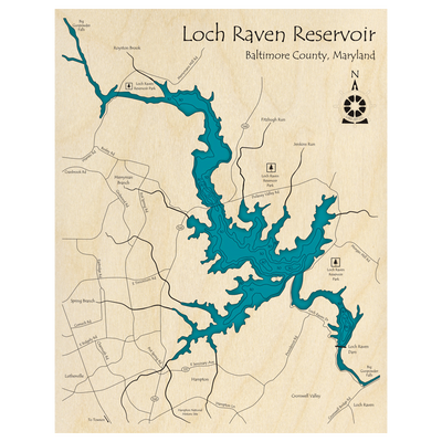 Bathymetric topo map of Loch Raven Reservoir, MD with roads, towns and depths noted in blue water.
