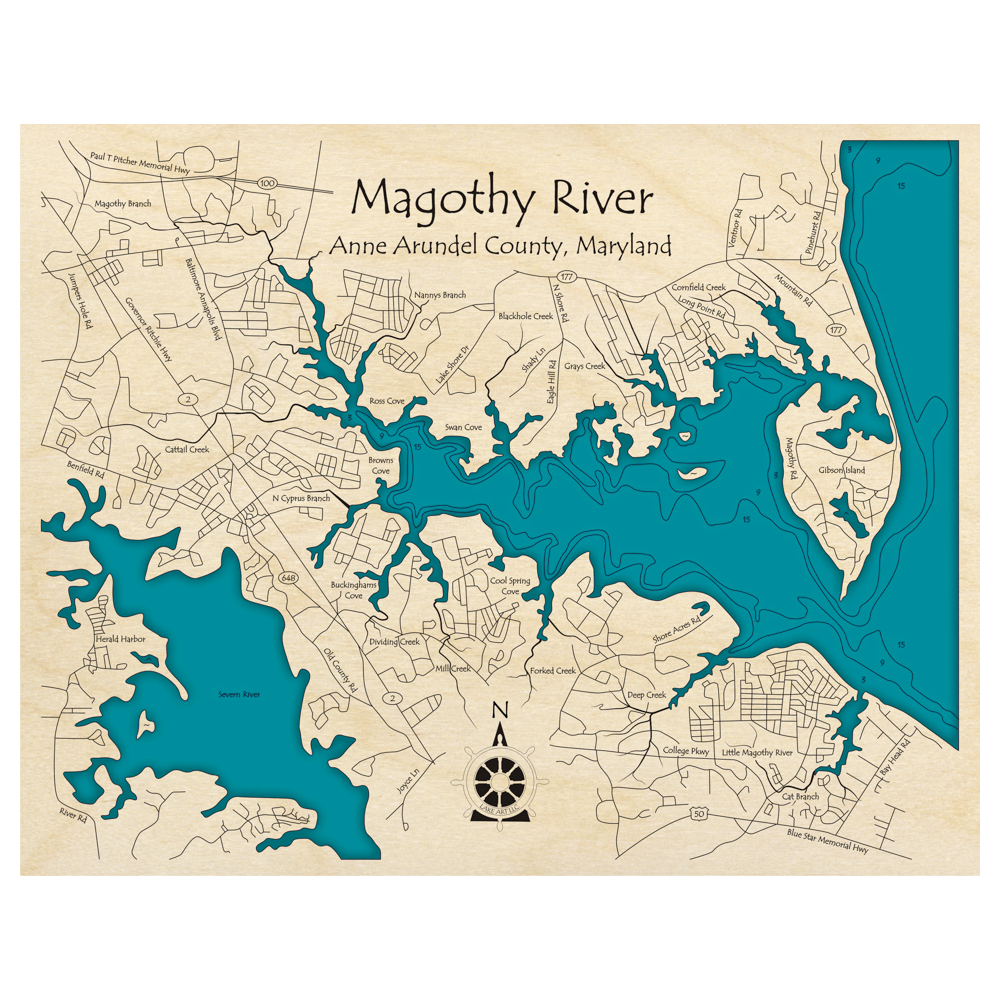 Bathymetric topo map of Magothy River, MD with roads, towns and depths noted in blue water.