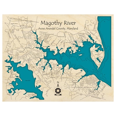 Bathymetric topo map of Magothy River, MD with roads, towns and depths noted in blue water.