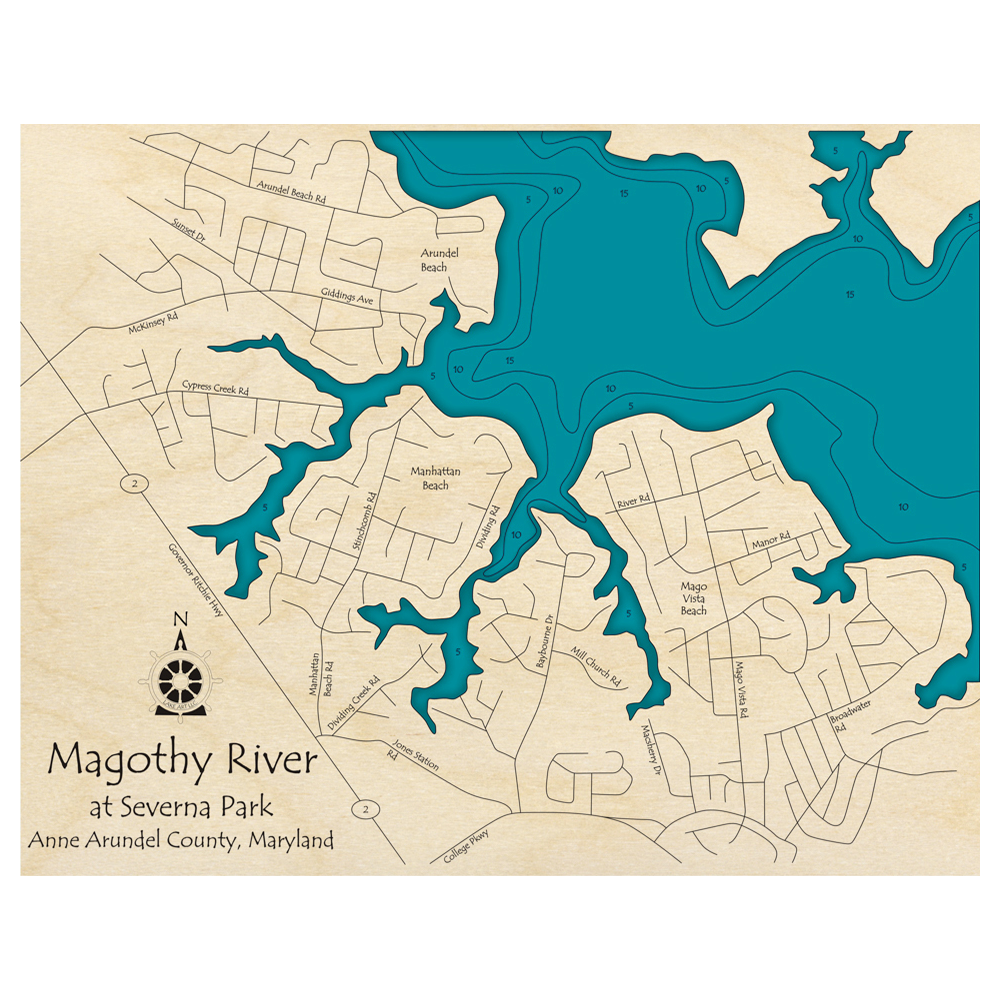 Bathymetric topo map of Magothy River, MD with roads, towns and depths noted in blue water.