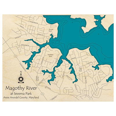 Bathymetric topo map of Magothy River, MD with roads, towns and depths noted in blue water.