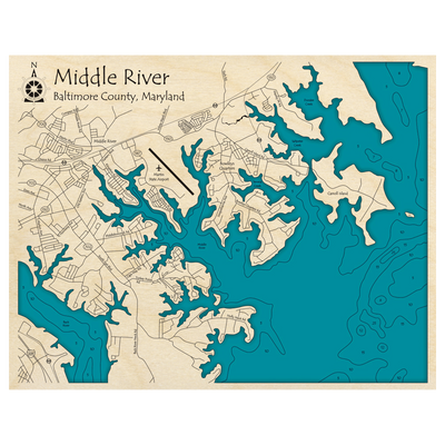 Bathymetric topo map of Middle River, MD with roads, towns and depths noted in blue water.