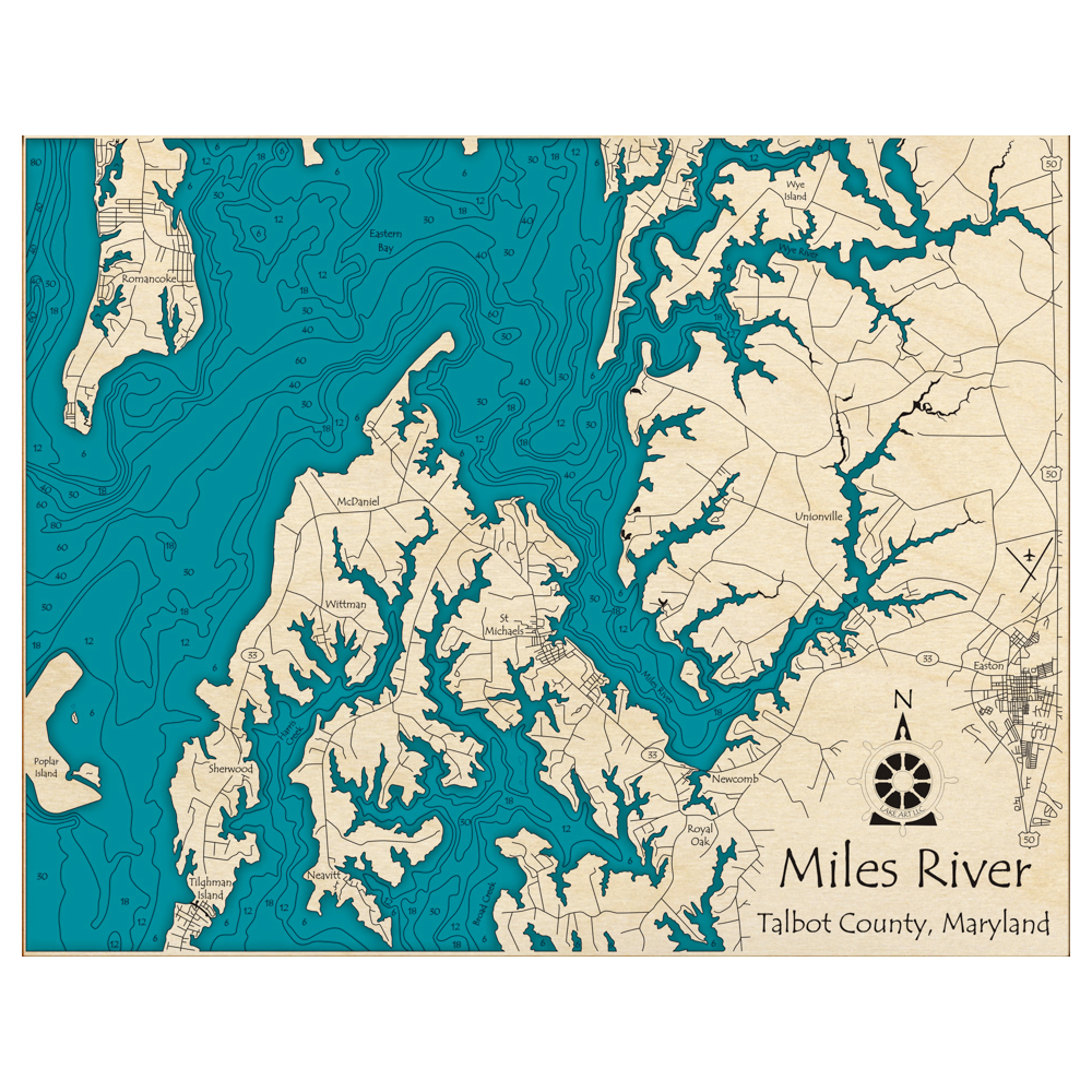 Bathymetric topo map of Miles River, MD with roads, towns and depths noted in blue water.