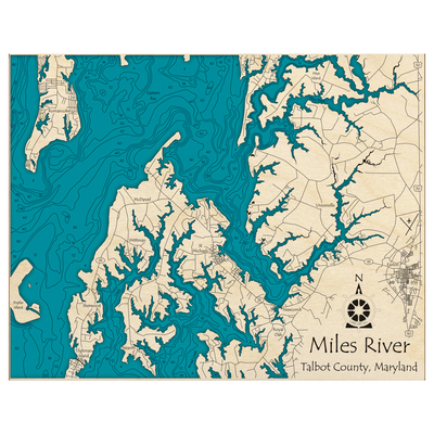 Bathymetric topo map of Miles River, MD with roads, towns and depths noted in blue water.