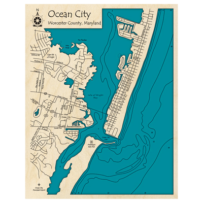 Bathymetric topo map of Ocean City, MD with roads, towns and depths noted in blue water.