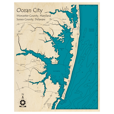 Bathymetric topo map of Ocean City MD (DE, MD) with roads, towns and depths noted in blue water.