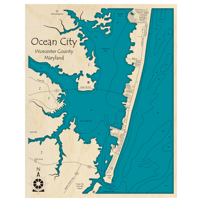 Bathymetric topo map of Ocean City, MD with roads, towns and depths noted in blue water.