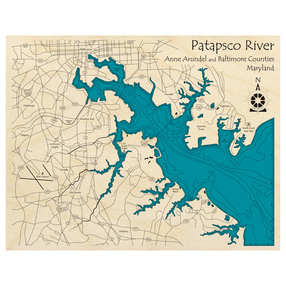 Bathymetric topo map of Patapasco River, MD with roads, towns and depths noted in blue water.