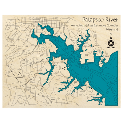 Bathymetric topo map of Patapasco River, MD with roads, towns and depths noted in blue water.