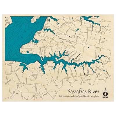 Bathymetric topo map of Chesapeake Bay, MD with roads, towns and depths noted in blue water.