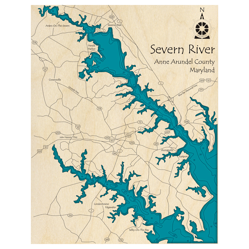 Bathymetric topo map of Severn River, MD with roads, towns and depths noted in blue water.