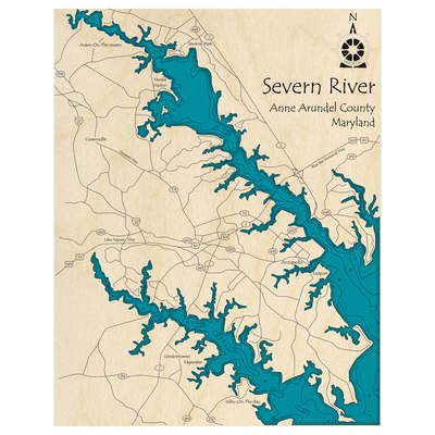 Bathymetric topo map of Severn River, MD with roads, towns and depths noted in blue water.