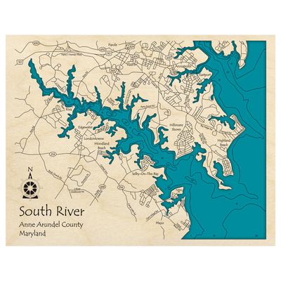 Bathymetric topo map of South River, MD with roads, towns and depths noted in blue water.