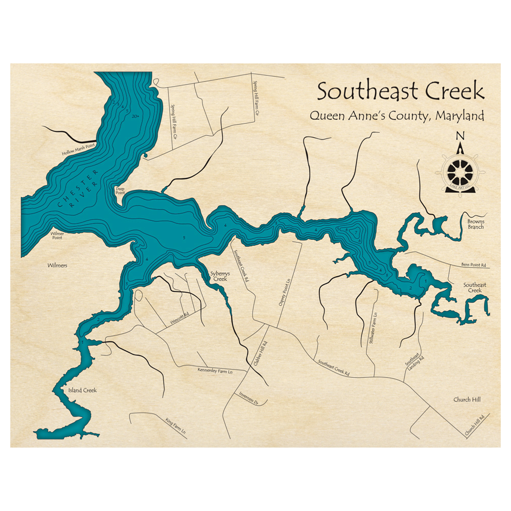 Bathymetric topo map of Southeast Creek, MD with roads, towns and depths noted in blue water.