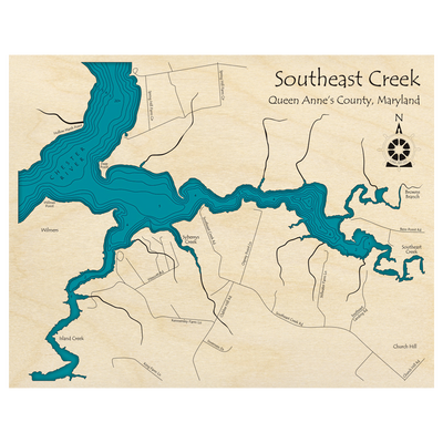 Bathymetric topo map of Southeast Creek, MD with roads, towns and depths noted in blue water.