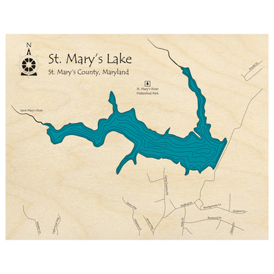 Bathymetric topo map of St Marys Lake, MD with roads, towns and depths noted in blue water.