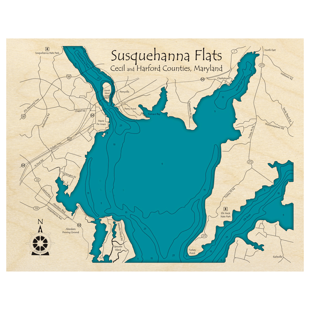 Bathymetric topo map of Susquehanna Flats, MD with roads, towns and depths noted in blue water.