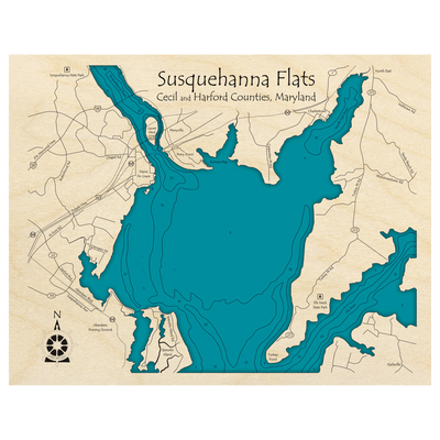 Bathymetric topo map of Susquehanna Flats, MD with roads, towns and depths noted in blue water.