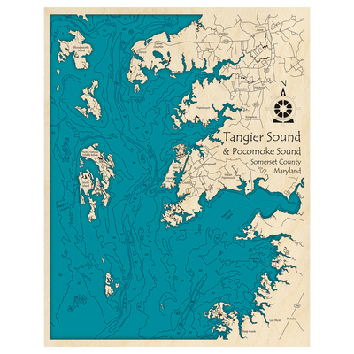 Bathymetric topo map of Tangier Sound and Pocomoke Sound, MD with roads, towns and depths noted in blue water.