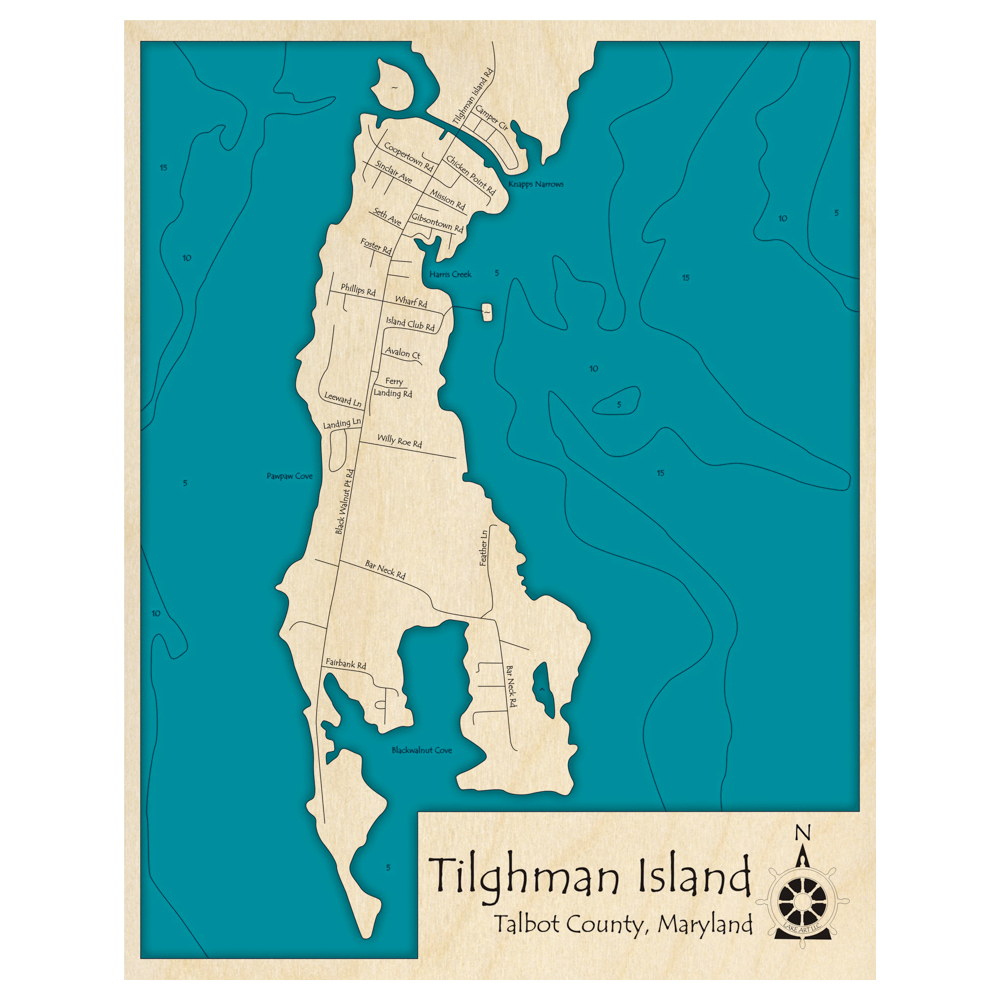 Bathymetric topo map of Tilghman Island, MD with roads, towns and depths noted in blue water.