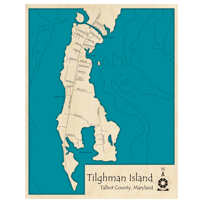 Bathymetric topo map of Tilghman Island, MD with roads, towns and depths noted in blue water.