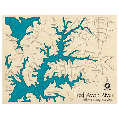 Bathymetric topo map of Tred Avon River, MD with roads, towns and depths noted in blue water.