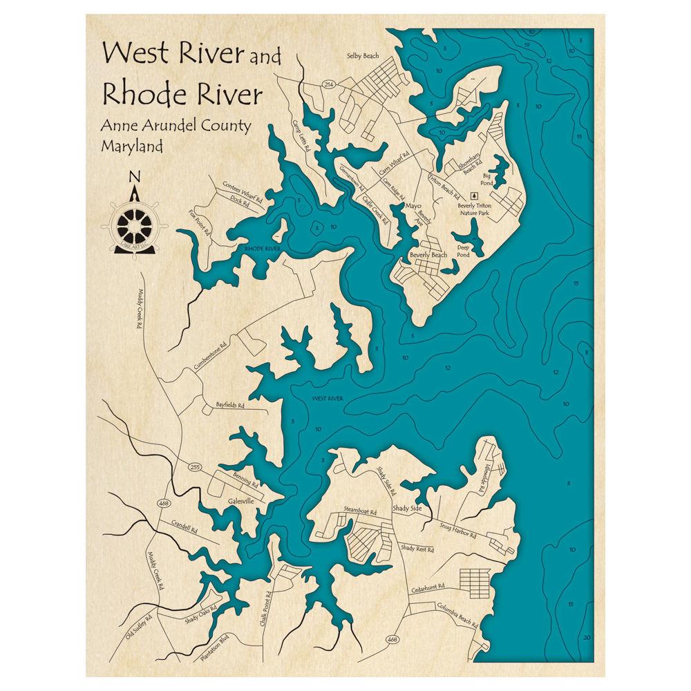 Bathymetric topo map of West River and Rhode River, MD with roads, towns and depths noted in blue water.