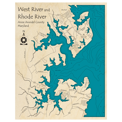 Bathymetric topo map of West River and Rhode River, MD with roads, towns and depths noted in blue water.
