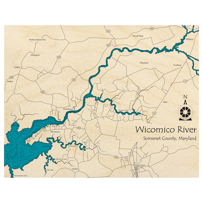 Bathymetric topo map of Wicomico River, MD with roads, towns and depths noted in blue water.