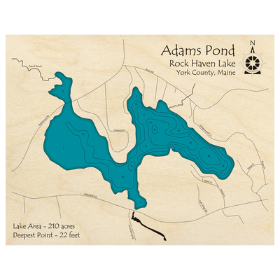 Bathymetric topo map of Adams Pond, ME with roads, towns and depths noted in blue water.