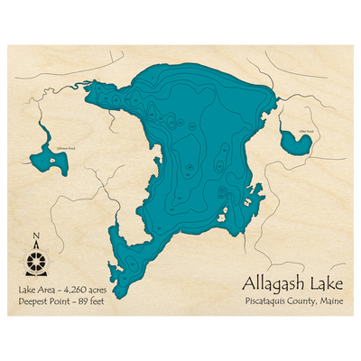 Bathymetric topo map of Allagash Lake, ME with roads, towns and depths noted in blue water.
