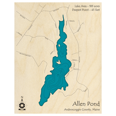 Bathymetric topo map of Allen Pond, ME with roads, towns and depths noted in blue water.