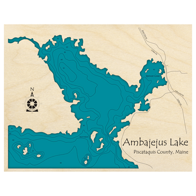 Bathymetric topo map of Ambajejus Lake, ME with roads, towns and depths noted in blue water.