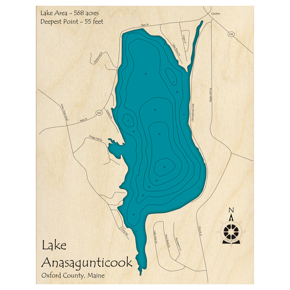 Bathymetric topo map of Lake Anasagunticook, ME with roads, towns and depths noted in blue water.