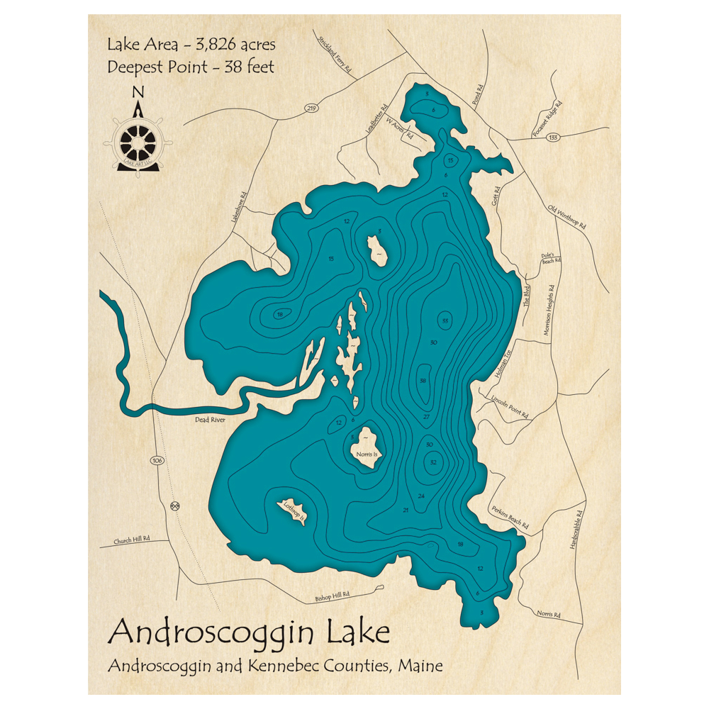 Bathymetric topo map of Androscoggin Lake, ME with roads, towns and depths noted in blue water.