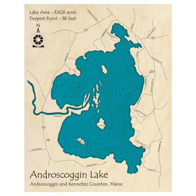 Bathymetric topo map of Androscoggin Lake, ME with roads, towns and depths noted in blue water.