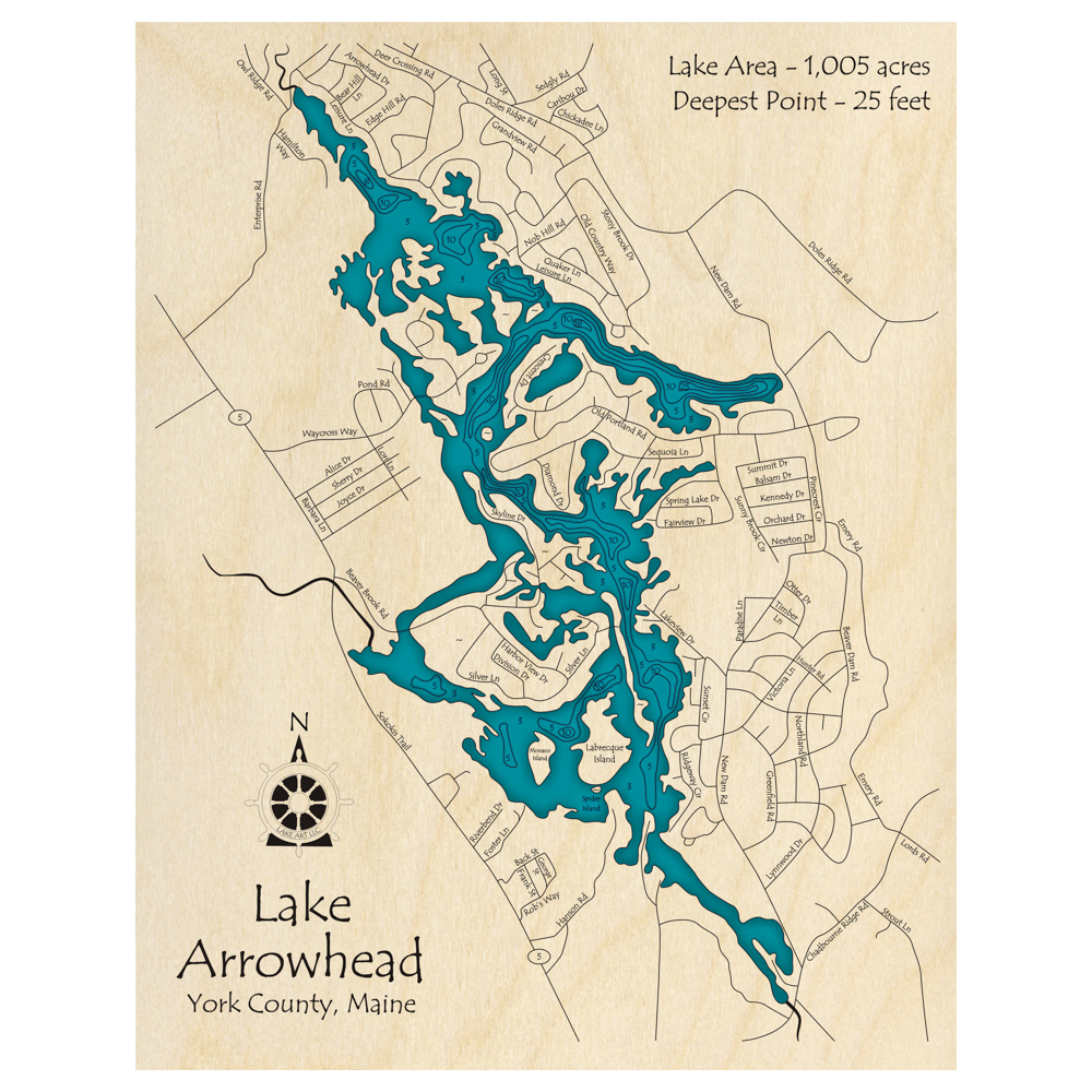 Bathymetric topo map of Lake Arrowhead, ME with roads, towns and depths noted in blue water.