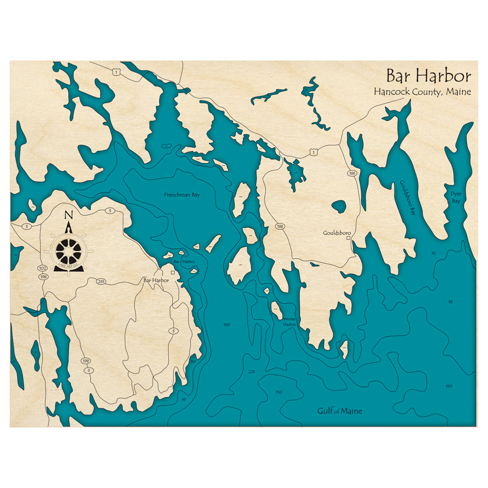 Bathymetric topo map of Bar Harbor, ME with roads, towns and depths noted in blue water.
