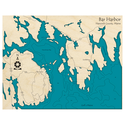 Bathymetric topo map of Bar Harbor, ME with roads, towns and depths noted in blue water.