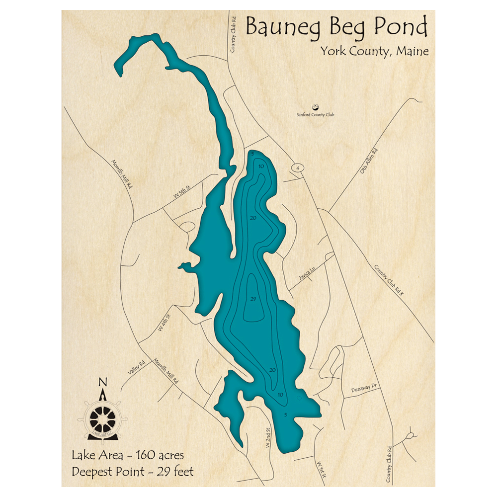 Bathymetric topo map of Bauneg Beg Pond, ME with roads, towns and depths noted in blue water.