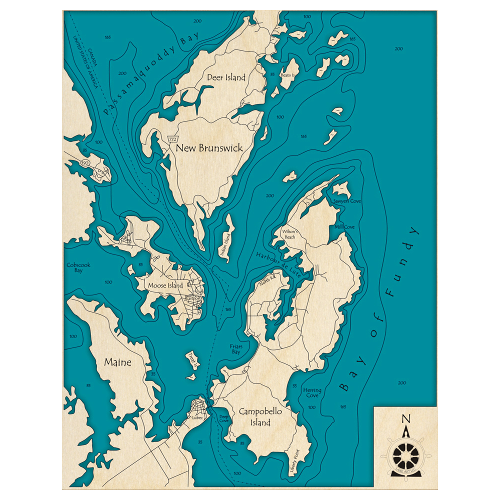 Bathymetric topo map of Campobello Island (NB, ME) with roads, towns and depths noted in blue water.