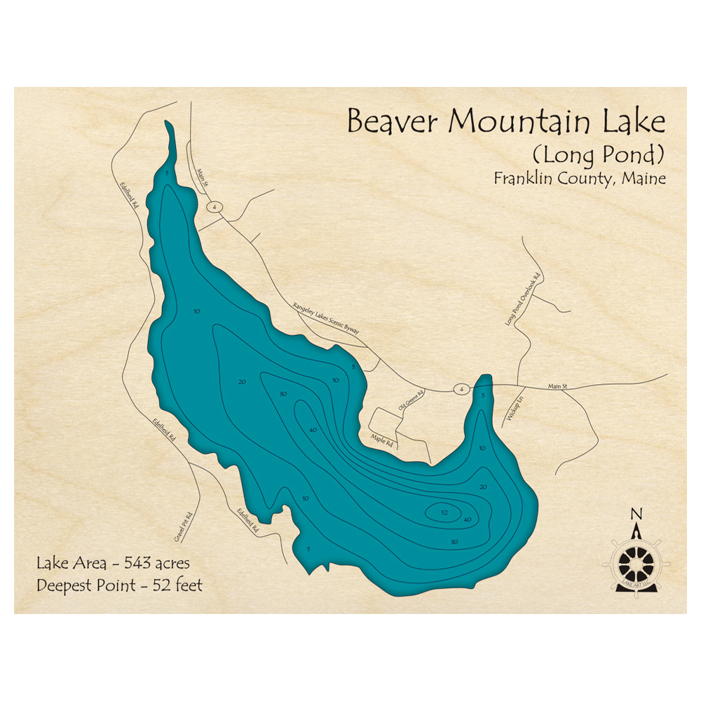 Bathymetric topo map of Beaver Mountain Lake, ME with roads, towns and depths noted in blue water.