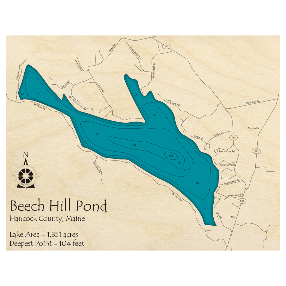 Bathymetric topo map of Beech Hill Pond, ME with roads, towns and depths noted in blue water.