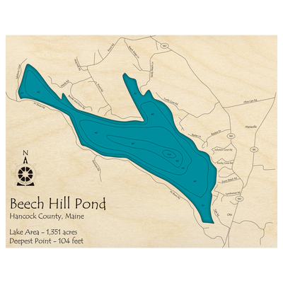 Bathymetric topo map of Beech Hill Pond, ME with roads, towns and depths noted in blue water.