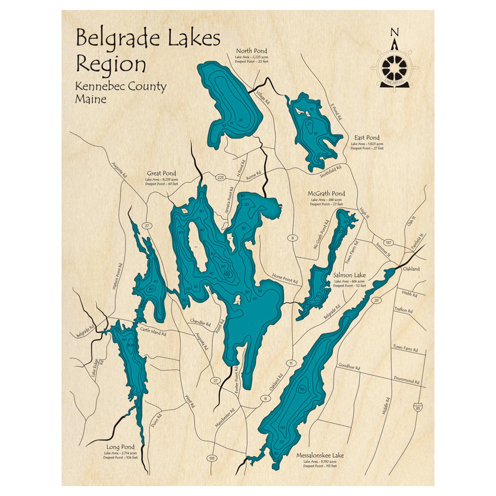 Bathymetric topo map of Belgrade Lakes Region, ME with roads, towns and depths noted in blue water.