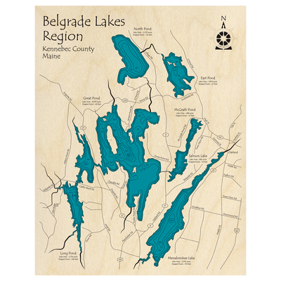 Bathymetric topo map of Belgrade Lakes Region, ME with roads, towns and depths noted in blue water.