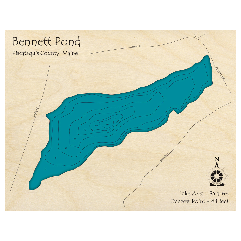 Bathymetric topo map of Bennett Pond, ME with roads, towns and depths noted in blue water.