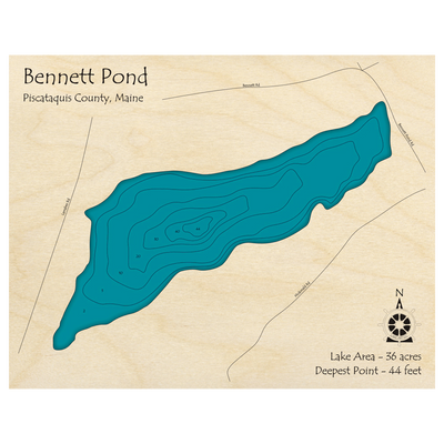 Bathymetric topo map of Bennett Pond, ME with roads, towns and depths noted in blue water.