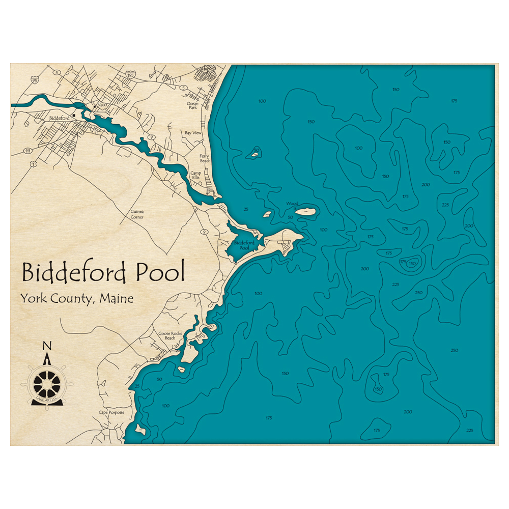 Bathymetric topo map of Biddeford Pool Region, ME with roads, towns and depths noted in blue water.