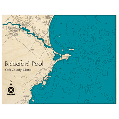 Bathymetric topo map of Biddeford Pool Region, ME with roads, towns and depths noted in blue water.
